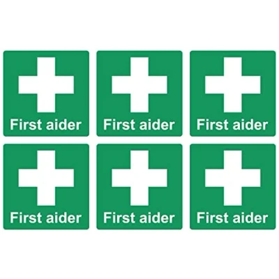 Image of First aider Safety sign (Pack of 6) Self adhesive stickers (50mm x 50mm)