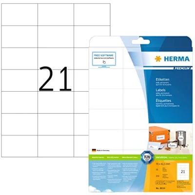 Image of HERMA Self Adhesive Address Labels, 21 Labels per A4 Sheet, 10 Sheets, 70 x 42.3 mm, 210 Blank Mailing Stickers, Sticky for Laser &amp; Inkjet Printer, White