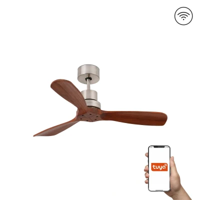 Image of Mini Lantau Small 3 Blade Ceiling Fan Satin Nickel, Pine Tuya Smart System