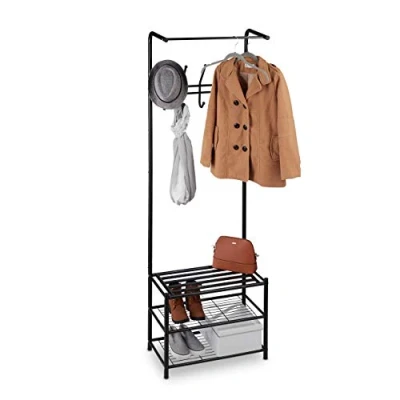 Image of Coat Stand with Shoe Rack, Freestanding, Hallway Storage, Metal, h x w d: 183 61 34 cm, Black Relaxdays