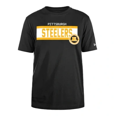 Image of PITTSBURGH STEELERS New Era Cap NFL Regular T Shirt High Density Ink Screenprint Front Graphic Original Team Color Unisex Black