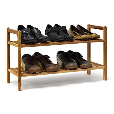 Image of Relaxdays 2 tiered shoe rack, stackable bench, made from walnut wood, two shelves for up to 6 pairs of shoes, brown