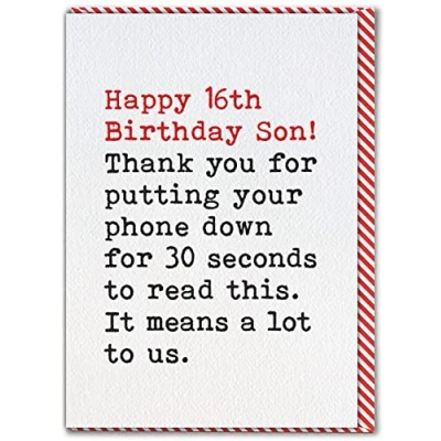 Image of Brainbox Candy Funny 16th Birthday Card For Son &#039;Putting Phone Down&#039; Happy Age 16 Cheeky Joke Banter From Mum Dad Parents Son&#039;s Sixteenth