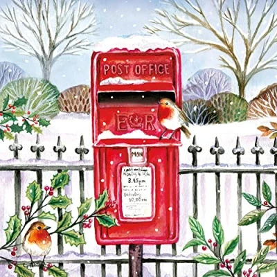 Image of Museums &amp; Galleries Pack of 8 Artistic Charity Christmas Cards Robin Post Box Lovely Illustration a Winter Scene by Deva Evans 1 Design