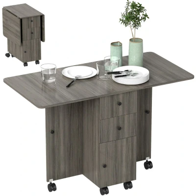 Image of HOMCOM Folding Dining Table for 4 6, Rolling Drop Leaf with Storage Drawers, Cabinet and Open Shelf, Extendable Kitchen on Wheels, Grey