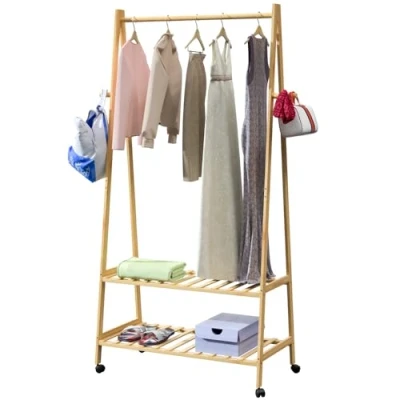 Image of CASARIA® Bamboo Coat Rack with Shelves and Castors 155x70x45cm Clothes Rail 2x Wooden Shoe Racks Includes 4 Hooks Wood Stable Narrow Hallway Natural Brown Finish