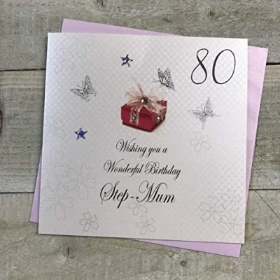 Image of WHITE COTTON CARDS Wishing You a Wonderful Step Mum, Handmade 80th Birthday Card (Red Present)