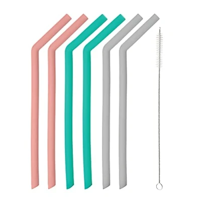 Image of Typhoon Pure Set of 6 Silicone Bent Drinking Reusable Straws with Cleaning Brush