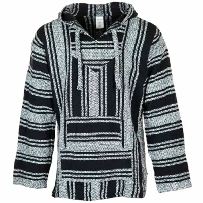 Image of Siesta Baja Hoodie Mexican Jerga Hooded Top Hippie Festival Jumper for Men and Women Black White XXL
