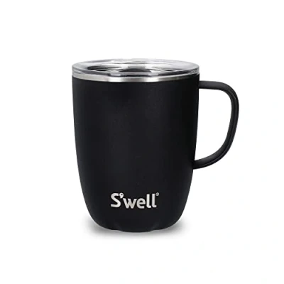 Image of S&#039;well Mug with Handle, Black Onyx, 350ml. Vacuum Insulated Stainless Steel Travel On The Go Cup, Splash Proof, Slide Open Lid Leak Proof and Dishwasher Safe