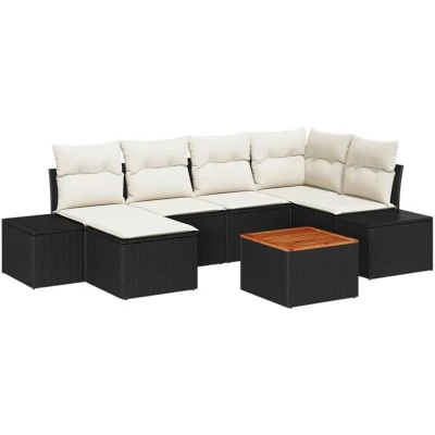 Image of vidaXL 7 Piece Garden Sofa Set with Cushions Black Poly Rattan Acacia