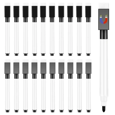 Image of Meetory 20 Pcs Magnetic Whiteboard Markers Pens with Erase, Dry Erase Wipe Clean for Whiteboard, Kids Fine Tip School Office Supplies(Black)