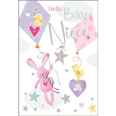 Image of New Baby Niece Congratulations Card Rabbit and Ducklings Special Finishes Illustrated Insert Leaf Made in the UK