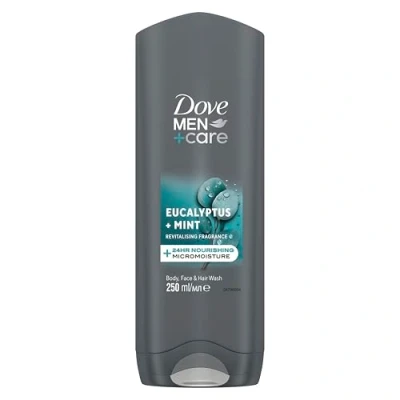 Image of Dove Men+Care Eucalyptus + Mint 3 in 1 Hair, Face and Body Wash Cleanser shower gel with MicroMoisture technology for 24 hour nourishment 250 ml