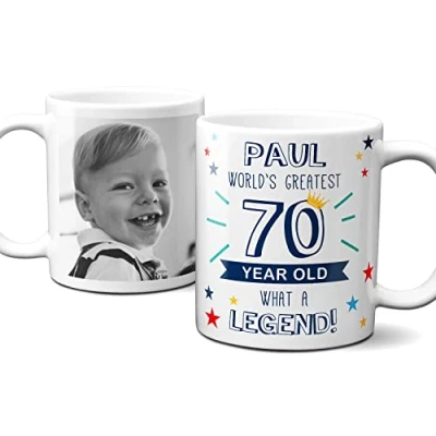 Image of Personalised World’s Greatest Age 70 Mug, 70th Birthday, Photo mug for year old man, cup gift old. Add Name and
