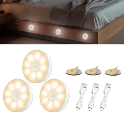 Image of Gudemoore 3 Pack Motion Sensor Lights Indoor, Wireless Under Cabinet Lighting, LED Rechargeable for Stairs, Bathrooms, Hallways, Closets, Kitchens, Cabinets