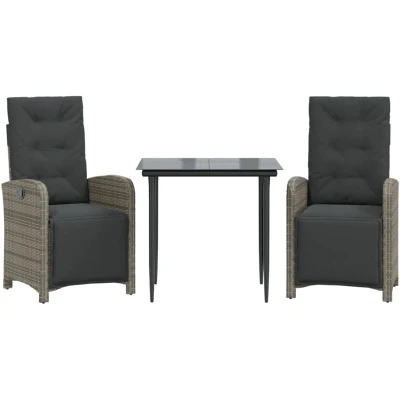 Image of vidaXL 3 Piece Bistro Set with Cushions Grey Poly Rattan