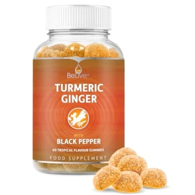 Image of Turmeric Vitamin Supplement Gummies with Ginger &amp; Black Pepper Supports Joint Pain Anti Inflammatory Response Active Ingredient 300mg Curcumin Extract Vegan Tropical Flavour (60 Count)