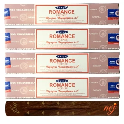 Image of Original Satya Nag Champa Romance incense sticks with M&amp;J holder x4 pack for Aromatherapy, Spa, Yoga, Weddings, Meditation, Healing, Positivity and Relaxation