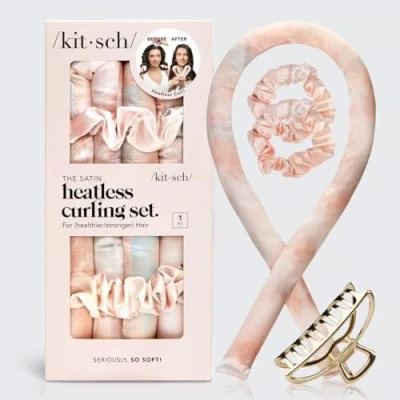 Image of Kitsch Heatless Hair Curler Satin Bundle 4pc Set of Curling Set, &amp; Gold Claw Clip Styling Accessories (Heatless SunsetTieDye)