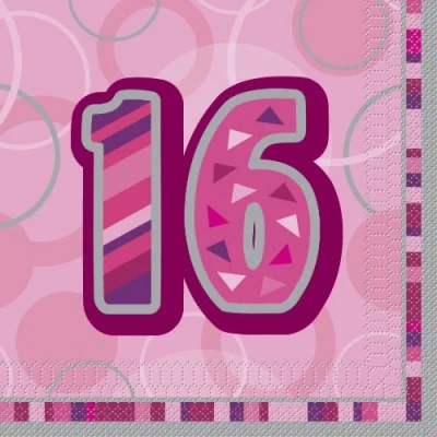 Image of Unique Party 28437 Glitz Pink 16th Birthday Paper Napkins, Pack of 16