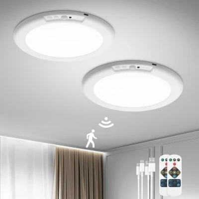 Image of Bojim 2 Pack Rechargeable Ceiling Lights with Motion Sensor &amp; Remote, 5000mAh Battery Operated, 3 Color Dimmable for Closet, Hallway, Garage, Bathroom (7.5 Inch, No Wiring, Easy Install)