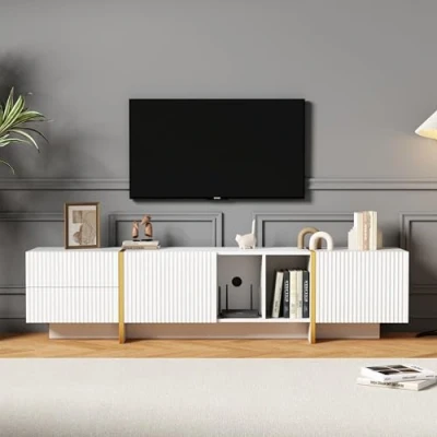 Image of Merax TV Stand Cabinet for 85 inch TV, Modern Unit with Storage and Open Shelves, Embossed Pattern Cabinet, Distinctive Living Room Bedroom, White