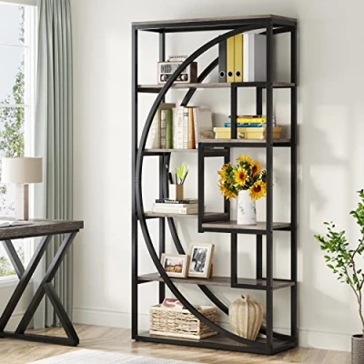 Image of Tribesigns Bookshelf, Industrial 5 Tier Etagere Bookcase, 70.8 inch Tall Bookshelf with 8 Open Storage Shelf, Book Shelf Display Shelving Unit for Home Office Living Room, Vintage Grey/Black
