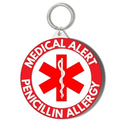 Image of Gift Insanity MEDICAL ALERT RED BACKGROUND PENICILLIN ALLERGY 58mm Keyring