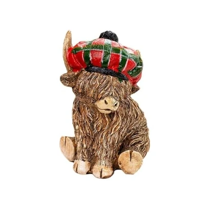 Image of Darthome Tartan Highland Cow Boy Figurine Red Sitting Scottish Animal Decorative Ornament