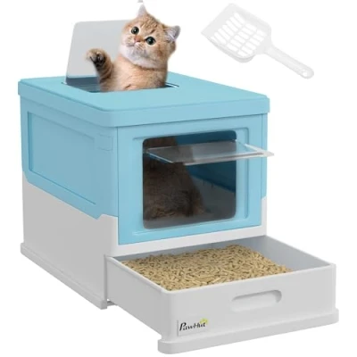 Image of PawHut Cat Litter Tray with Hood Enclosed Box Pet Toilet w/Lid, Scoop, Front Entry, 47.5 x 35.5 36.7cm Light Blue
