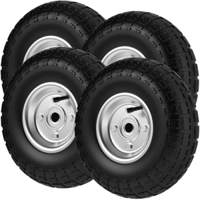 Image of ZENO Wheelbarrow Wheels 4 x 10&quot; Pneumatic Set Truck Trolley Puncture Proof Tyre for Garden Heavy Duty Trailer Black Solid Replacement Wheel 3.50