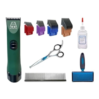 Image of Masterclip Home Groomer Starter Set Cordless Dog Clipper with 10 Blade &amp; 4 Pack Comb Guides, Bull Nose Scissor, Medium Slicker Brush FREE Metal Oil Suitable for All Breeds