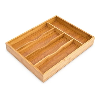 Image of Relaxdays Bamboo Cutlery Tray, HxWxD: ca 4.5 x 25.5 34 cm, Drawer Organiser Insert, With 5 Compartments, Bamboo, Natural Brown
