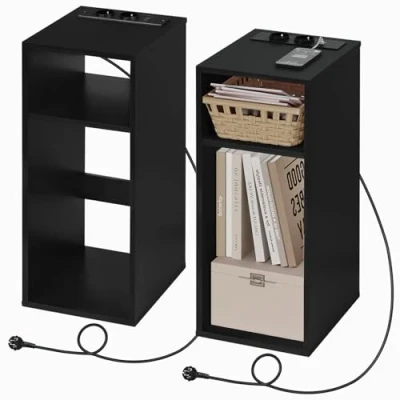 Image of WOLTU Set of 2 Bedside Table, Nightstand with Charging Station Sockets and USB Ports, Black Side Table Open Compartments, Narrow for Living Room Bedroom, NTS06sz