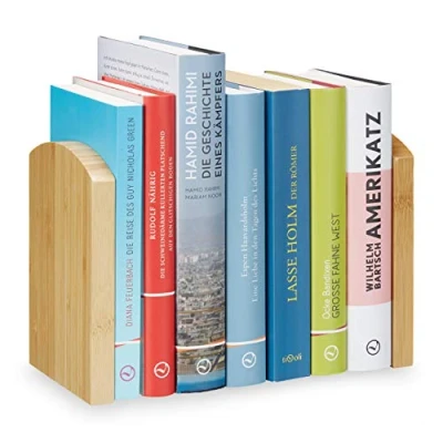 Image of Relaxdays Bookend Set of 2, Support Stand for CDs, DVDs and Books, Natural Bamboo, HWD: 17x11.5x12.5 cm, Stainless Steel, Light Brown, Silver, 17 x 11.5 12.5cm