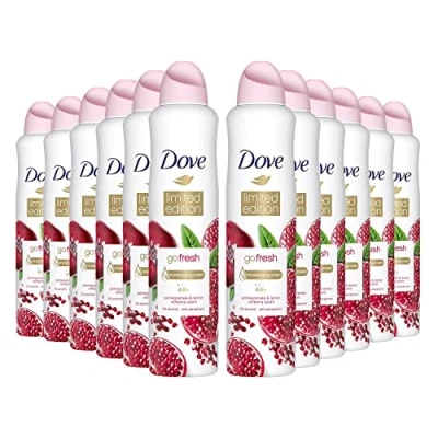 Image of Dove Go fresh Limited Edition Pomegranate &amp; Lemon Verbena Anti perspirant Aerosol with ¼ moisturising cream deodorant a long lasting, fragrance 250 ml