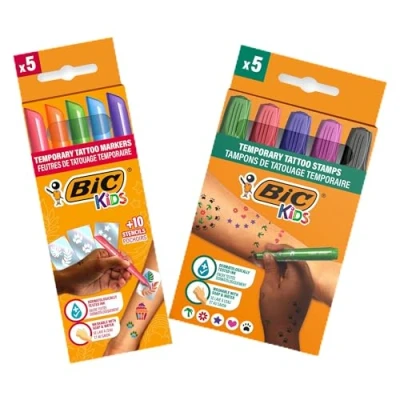 Image of BIC Kids Temporary Tattoo Kit: Markers, Stencils and Stamps with Dermatologically Tested Fragrance Free Ink Pack of 5 Markers + 10