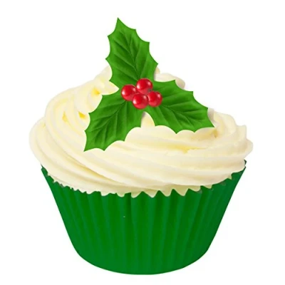 Image of Pack of 24 Pre Cut Edible Wafer Decorations Holly Leaves &amp; Berries 201 414