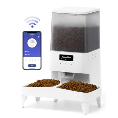 Image of FUKUMARU Automatic Cat Feeder, 5L Feeder WiFi with Double Bowl, Tailored Schedule, Battery Operated &amp; Wired Electrics, White, Large