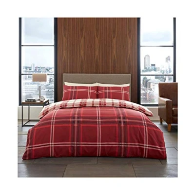 Image of GC GAVENO CAVAILIA Printed Duvet Cover Sets, Reversible Bedding Bed Set, Polycotton Quilt Covers, Bardsley Check Red, King