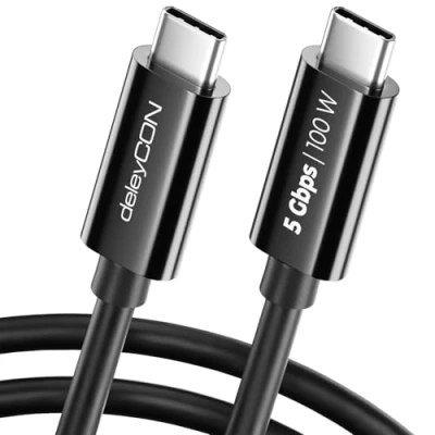 Image of deleyCON 1.5 m USB C Cable (100 W Fast Charging + Data 5 Gbit/s) for iPhone 16 15 Pro Max Samsung Galaxy S24 S23 Pixel iPad MacBook Air Tablets Switch PS5 Black