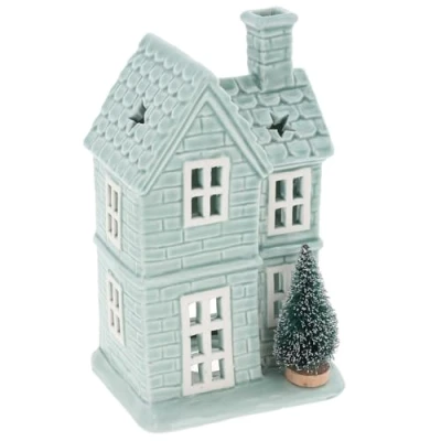 Image of Shudehill Giftware Festive Sage Blue Green Tealight Holder House With Star Roof and Christmas Tree Decoration Medium or Large Sizes (Star Large)