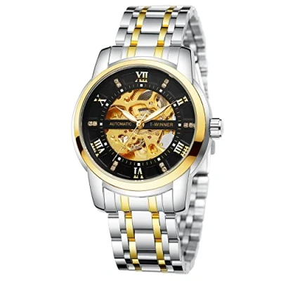 Image of FORSINING Men&#039;s Automatic Self Winding Watch Luxury Skeleton Waterproof Stainless Steel Mechanical Wrist (03 BlackGoldSilver)