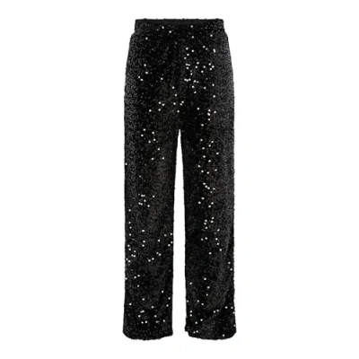 Image of PIECES Women&#039;s Pckam Hw Wide Pant Bc Fabric Trousers, Black/Detail: Black Sequins, M