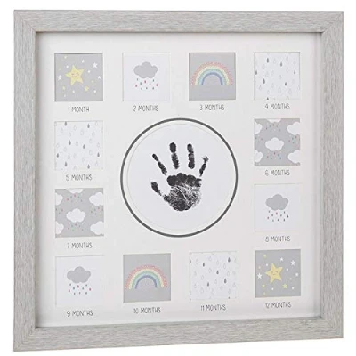 Image of Shudehill Giftware Modern Grey Baby First Year Hand Print Frame 28cm Square Wall Hang or Stand