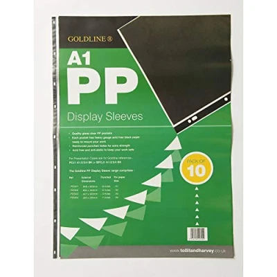Image of Clairefontaine Ref PDSA1Z Goldline Transparent Display Sleeve Pockets (Pack of 10 Pockets) A1 Size (860 x 610mm), 9 Holes, 150 Microns Thick, PVC Material