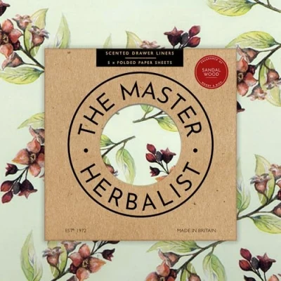 Image of the Master Herbalist Fragrant SANDALWOOD Scented Drawer Liners in a floral Design (FOLDED) Pack of 5 Sheets Contains Essential Oils Made UK