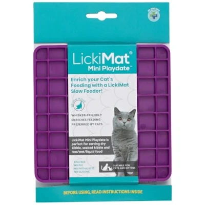 Image of LickiMat Mini Classic Playdate Cat Food Mat, Slow Feeder for Boredom &amp; Anxiety Relief Cats, Perfect Food, Treats, Yoghurt Peanut Butter, Fun Alternative to a Feeding Bowl, Purple