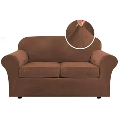 Image of LINGKY Velvet Sofa Cover 2 Seater With Separate Seat Cushion Covers, Stretch Couch Non Slip Slipcovers for Living Room Furniture Protector (Caramel,2 Seater)